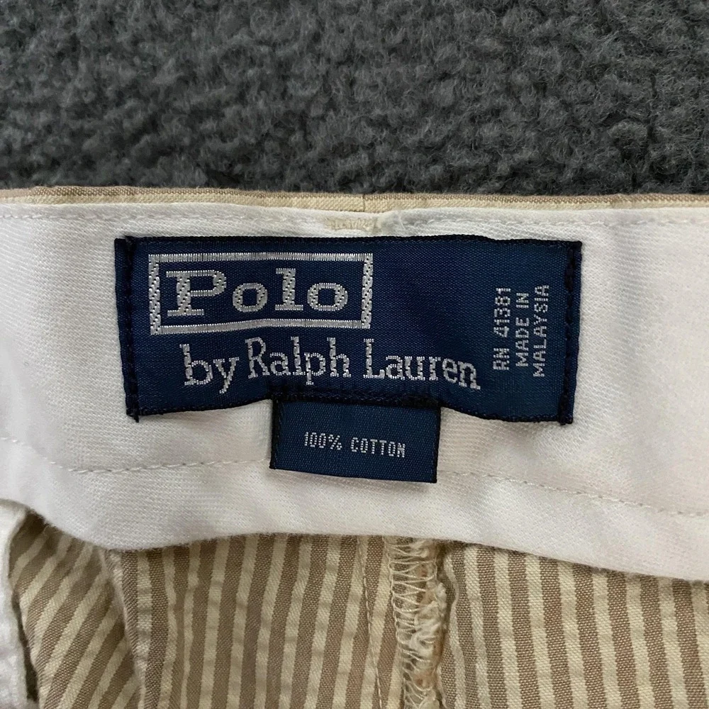 Polo Ralph Lauren Pants Mens 38x32 Beige Striped Seer Sucker Chino Dress Vintage